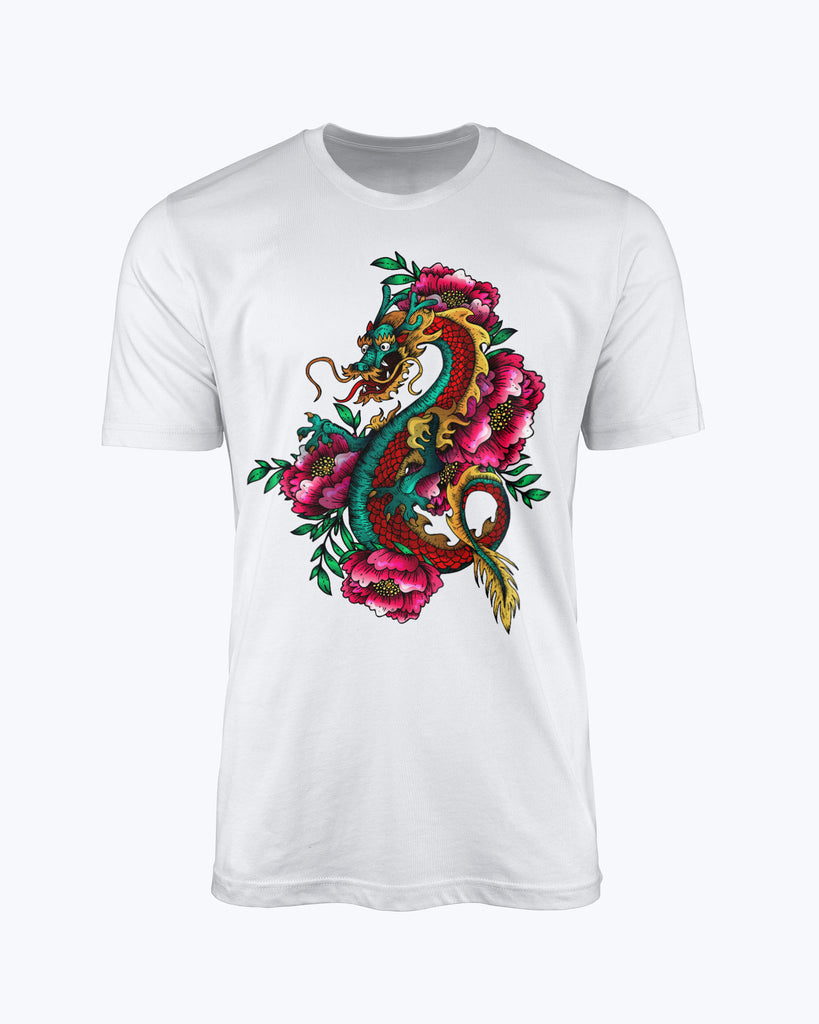 T shirt Colorful Asian Dragon Flowers